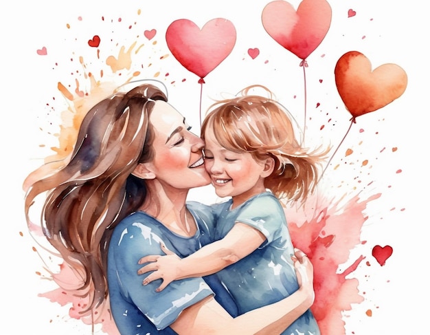 Mères tenant sa fille avec amour illustration peinture à l'aquarelle