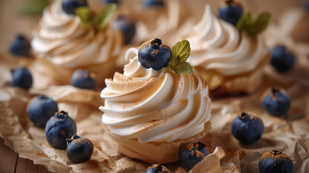 Meringue crémeuse fraîchement préparée surmontée de bleuets Parfaite pour les menus de dessert Image de haute qualité Adaptée à la boulangerie et à la promotion de la pâtisserie AI