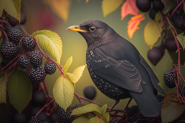 Un merle est perché sur un buisson fruitier dans ce gros plan