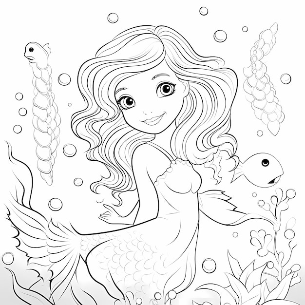 Photo mermaid au fond de la mer avec des poissons page de coloriage pour enfants