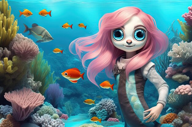 Une mermaidfishgirl hybride avec la queue d'une sirène et le corps d'un humain est capable de respirer sous l'eau en utilisant sa capacité à explorer l'océan et à découvrir ses secretsillustration générative ai