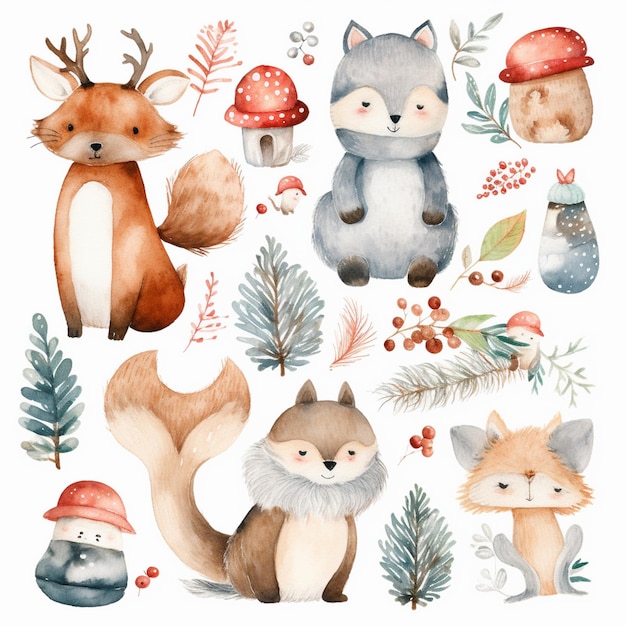 Des merveilles de la forêt capricieuse Un assortiment festif d'aquarelles de Noël et d'hiver dessinées à la main