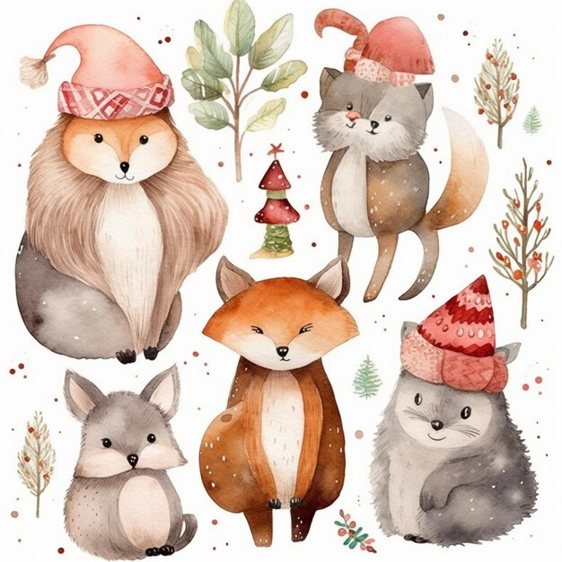 Des merveilles de la forêt capricieuse Un assortiment festif d'aquarelles de Noël et d'hiver dessinées à la main