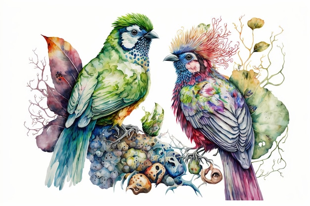 Merveilleuse aquarelle d'oiseaux colorés perchés sur une branche d'arbre