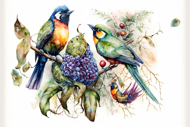 Merveilleuse aquarelle d'oiseaux colorés perchés sur une branche d'arbre