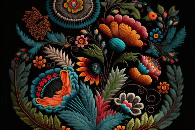 Merveilleuse broderie mexicaine avec textile à motif de fleurs colorées