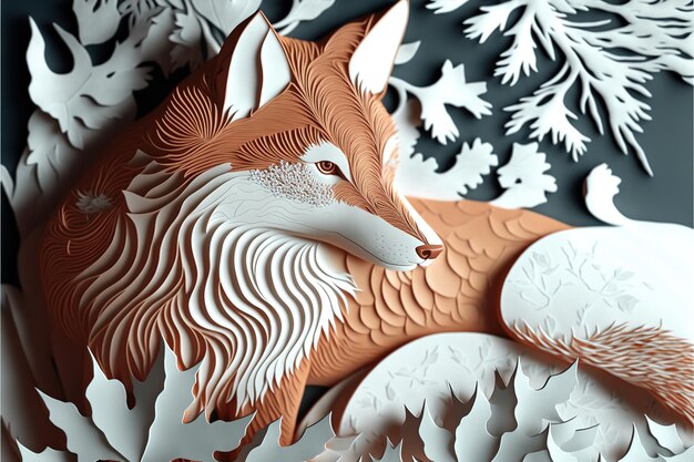 Merveilleuse illustration de papier quilling de renard roux dans la forêt en papier fait main