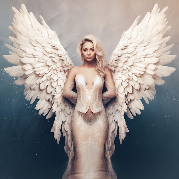 Merveilleuse et magnifique femme ange avec une robe aux ailes massives