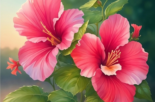 Merveilleuse peinture de fleurs d’hibiscus botaniques