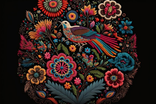 Merveilleuses caractéristiques textiles de broderie mexicaine avec motif d'oiseaux et de fleurs