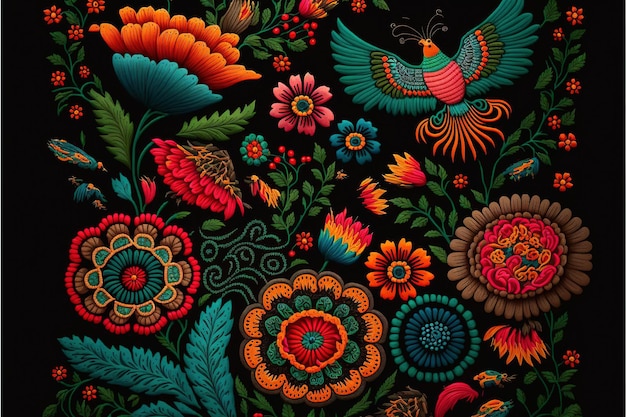 Merveilleuses caractéristiques textiles de broderie mexicaine avec motif d'oiseaux et de fleurs
