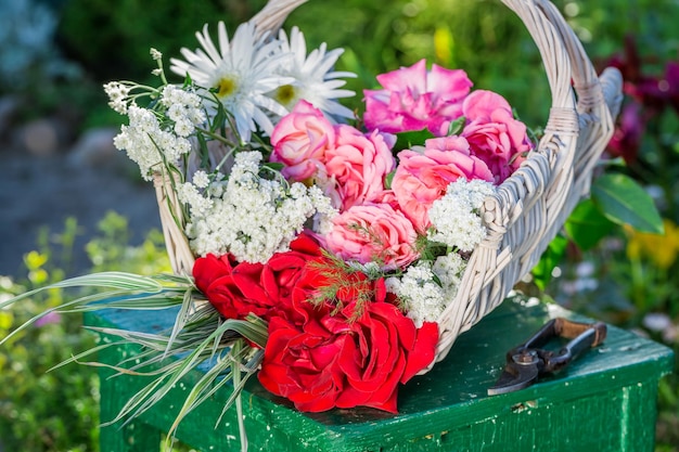 Merveilleuses fleurs dans un panier dans un jardin ensoleillé