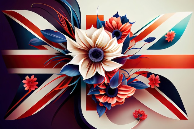 Merveilleux arrière-plan de style britannique créatif avec des fleurs et drapeau du Royaume-Uni Royaume-Uni Generative Ai