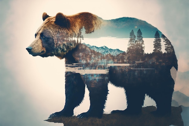 Merveilleux grizzli brun en double exposition avec forêt naturelle de taïga