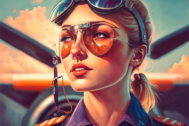 Merveilleux portrait en gros plan d'une femme pilote avec des lunettes de soleil réfléchissantes contre le ciel