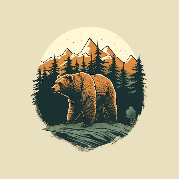 merveilleux t-shirt d'ours avec un dessin de coucher de soleil de montagne