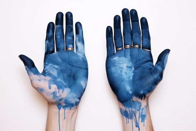 Mes mains sont tachées de peinture bleue.