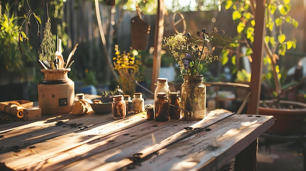Photo mesa rustique de madère avec plusieurs objets comprenant des plantes, des outils et des récipients de verre