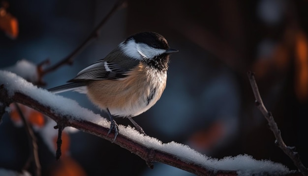 Mésange charbonnière perchée sur une branche enneigée, mignonne générée par l'IA