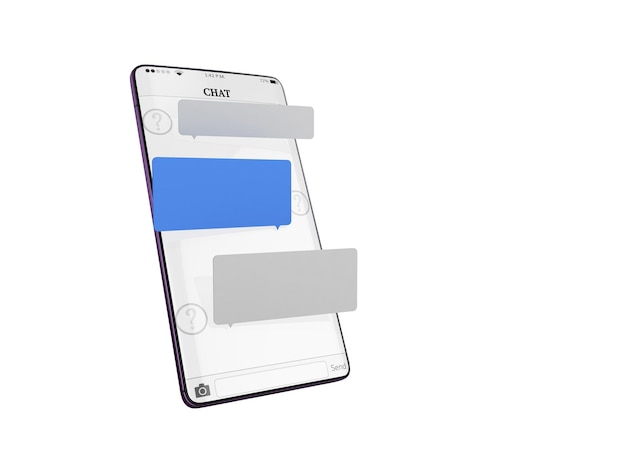 Message de chat sur le smartphone fenêtre de chat dans le smartphone champs de message vides pendent au-dessus de l'écran rendu 3D sur blanc sans ombre