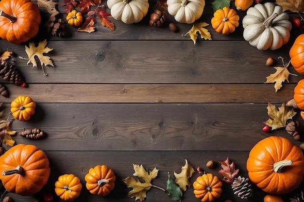 Message heureux de Thanksgiving sur une table de récolte rustique décorée de citrouilles, de glands et de feuilles