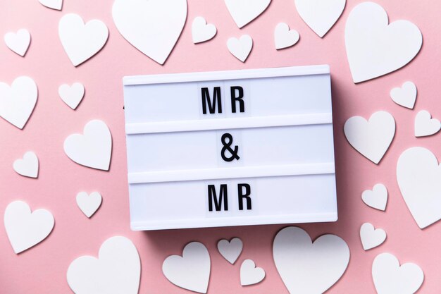 Message Mr et Mr lightbox avec coeurs blancs sur fond rose