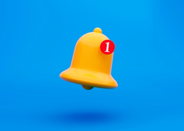Message de notification icône de couleur jaune cloche 3d sur fond bleu pastel. Élément de médias sociaux.