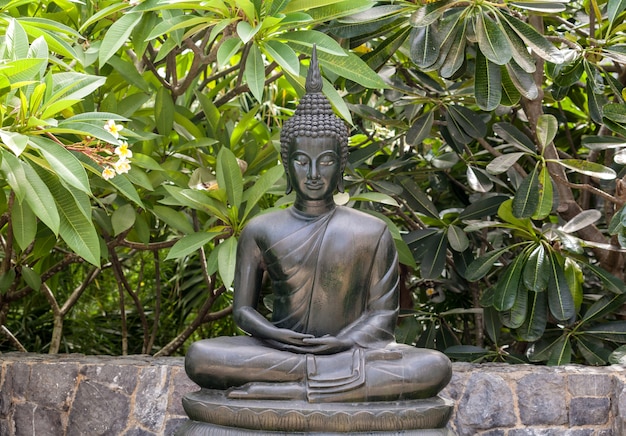 Métal Bouddha statue lotus pose dans le jardin.