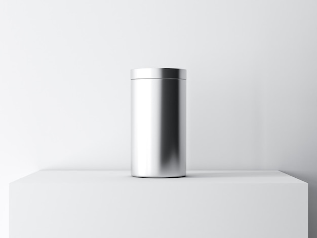 Métal brossé Tube Tin can Mockup, thermos sur piédestal de cube blanc, rendu 3d