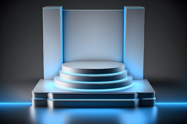 Métallique chrome bleu podium réflexion verre néon formes géométriques futurisme couleurs pastel Une vitrine pour un produit de beauté rendu 3d