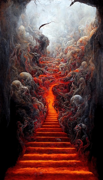 La métaphore de l'enfer de l'enfer des âmes entrant en enfer dans un mouvement fluide hypnotisant avec le feu et la fumée de l'enfer