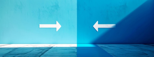 Photo métaphore visuelle minimaliste et frappante avec deux flèches blanches opposées sur un fond bleu