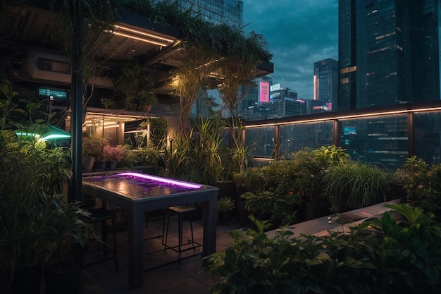 Metaverse Cyberpunk Jardin sur le toit Oasis futuriste