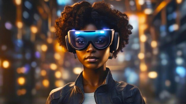 Metaverse Marvel Une femme noire dépeinte portant des lunettes de réalité virtuelle augmentée