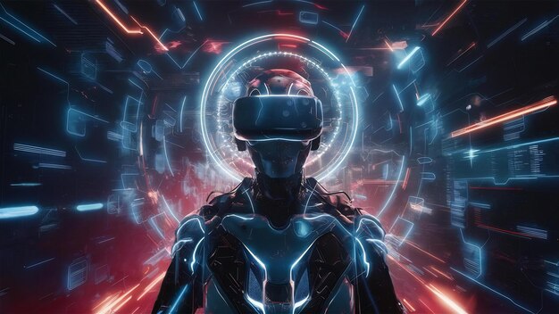 Metaverse vr simulation de jeu cyberpunk robot numérique illustration 3D rendu de la réalité virtuelle