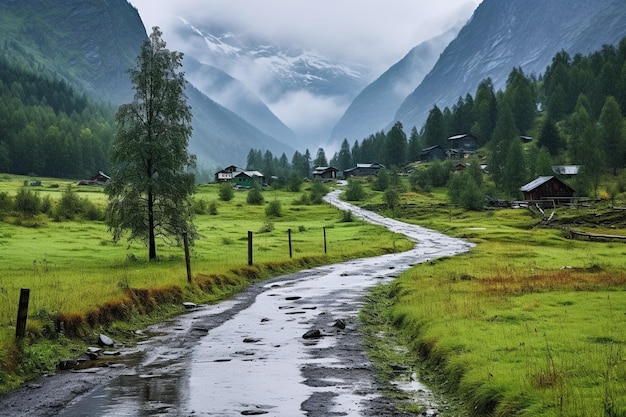 Météo pluvieuse dans la vallée de montagne avec sentier piétonnier