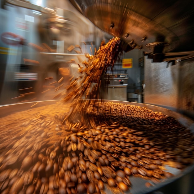 Une méthode moderne de torréfaction à l'aide d'une machine est représentée Un grand torréfacteur de café est rempli de café frais
