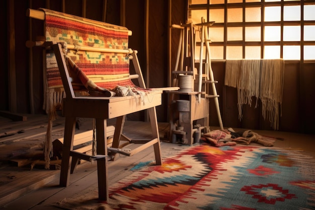 Métier à tisser en bois avec tapis navajo inachevé créé avec une IA générative