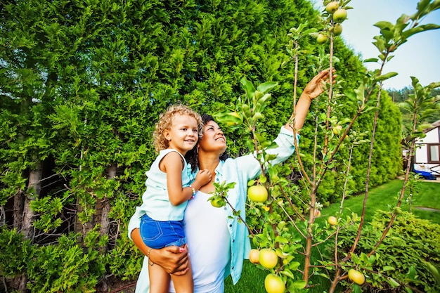 Métisse mère et fille cueillant des pommes