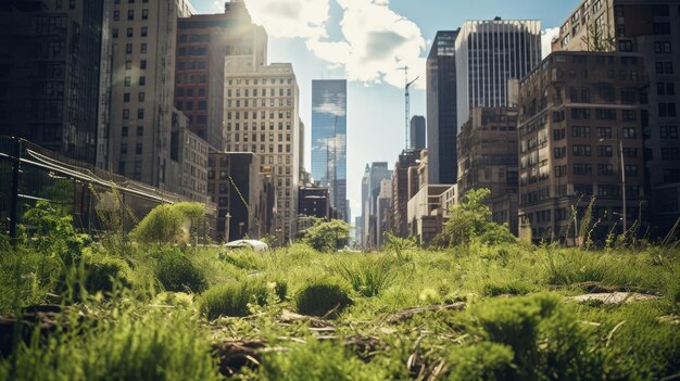 Une métropole géante déserte pendant l'apocalypse une ville détruite sans gens avec des gratte-ciel