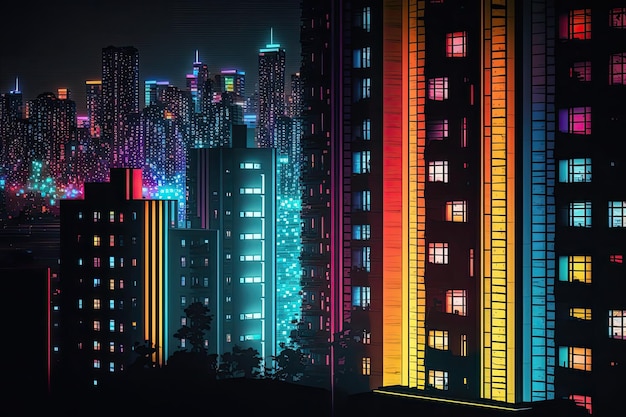 Photo metropolis la nuit avec des lumières lumineuses et colorées qui brillent des fenêtres des immeubles de grande hauteur