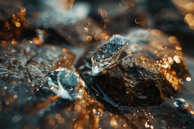 en mettant des diamants sur la surface de la pierre en gros plan plus de diamants hors focus en arrière-plan