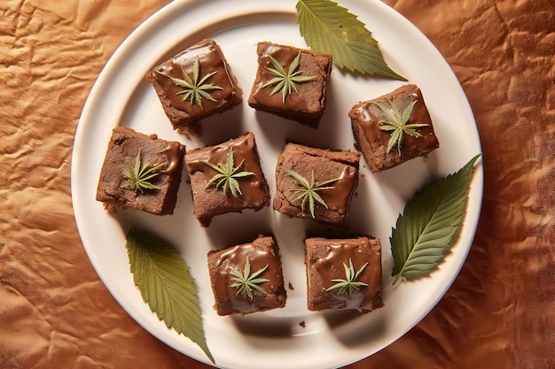 Mettez des brownies d'herbe plats avec des feuilles de cannabis sur le dessus