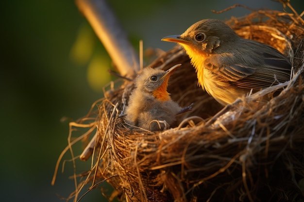 Photo mettez en évidence le moment tendre où une mère oiseau veille sur ses poussins.