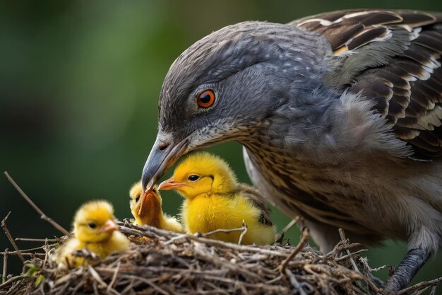 Mettez en évidence le moment tendre où une mère oiseau veille sur ses poussins