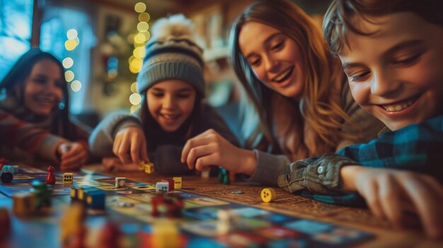 Mettez en place la scène pour une soirée de jeux en famille animée une table confortable ornée d'une variété de jeux de société