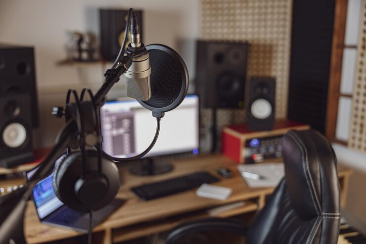 Mettre l'accent sur le microphone et les écouteurs professionnels sur le lieu de travail flou pour la radiodiffusion et l'enregistrement sonore en studio