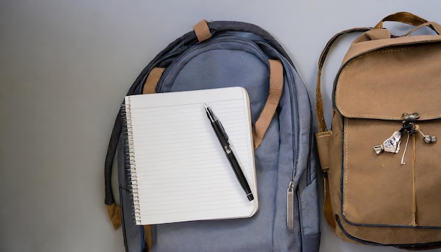 mettre un cahier d'espace de copie plat avec un stylo et un sac à dos