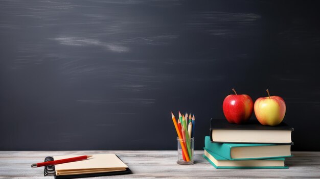 Mettre en place l'équipement d'étude pomme crayon livres salle de classe table avec fond de tableau noir