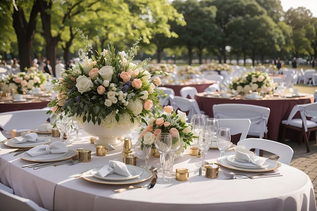 Mettre la table lors d’un banquet de mariage dans le parc